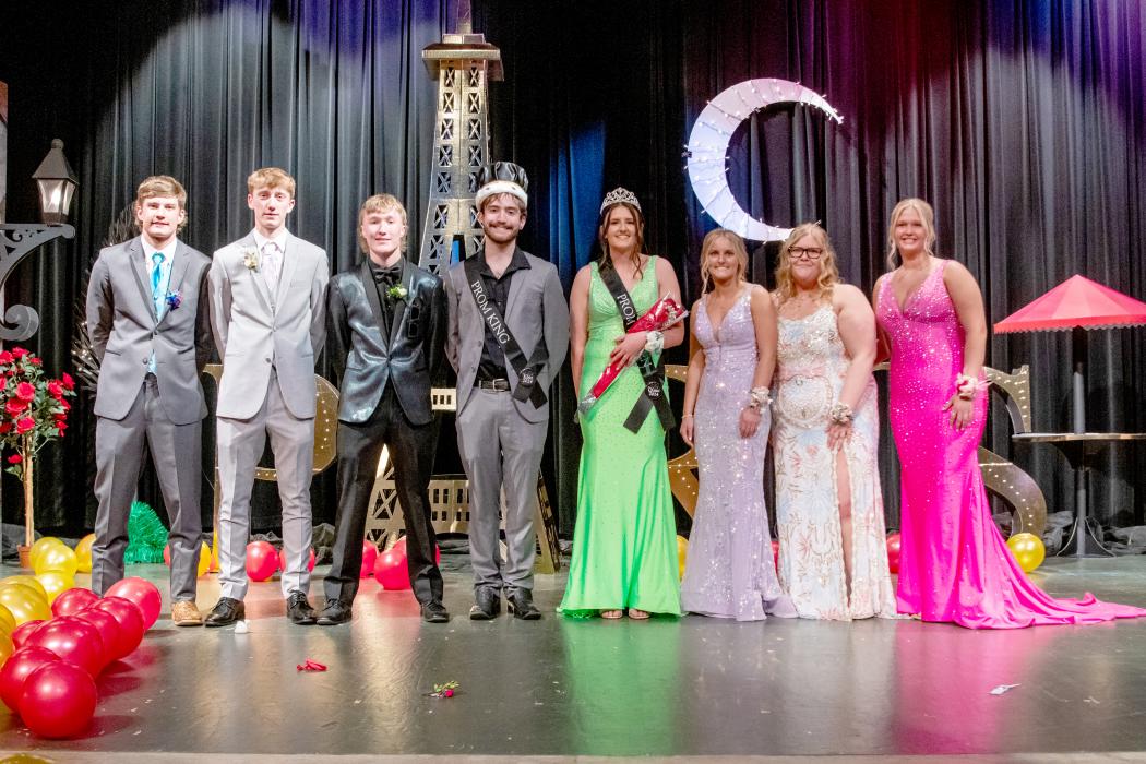 Elk Point-Jefferson held their Prom on Saturday, April 20. Their theme this year was A Night in Paris. The EPJ Royalty Court included, from left, Grayson Jacobs, Reed Sayler, Tracen Pearson, King Gunnar Albertsen, Queen Madison Buenger, Hannah Nearman, Teri Mooreland and Aynslee Goetzinger.