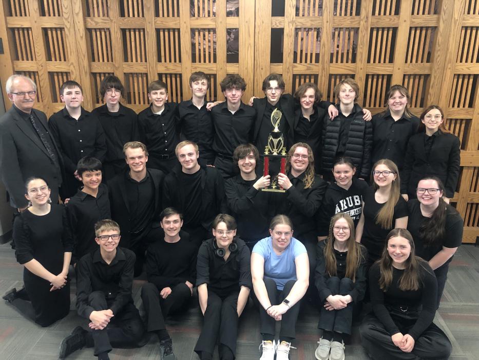 The Dakota Valley Jazz Band brought home first place honors from the University of South Dakota’s Jazz Band Festival in Vermillion  March 19. Pictured are, from front left, Nate Rathgeber, Eli Honner, Bailey Hermes, Stella Carlson, Ashley Phillips and Emma Barnett; middle, Shia Deanda Dietrich, David Thieman, Michael Daniels, James Wakeland, Max Bolter, Kaleb Haiar, JaeLyn Bacan, Lauren Messersmith and Chloe Strawn; and back, Daryl Jessen, Ian Greene, Joey Furlong, Landon Greene, Ben Phillips, Isaac Klemme,