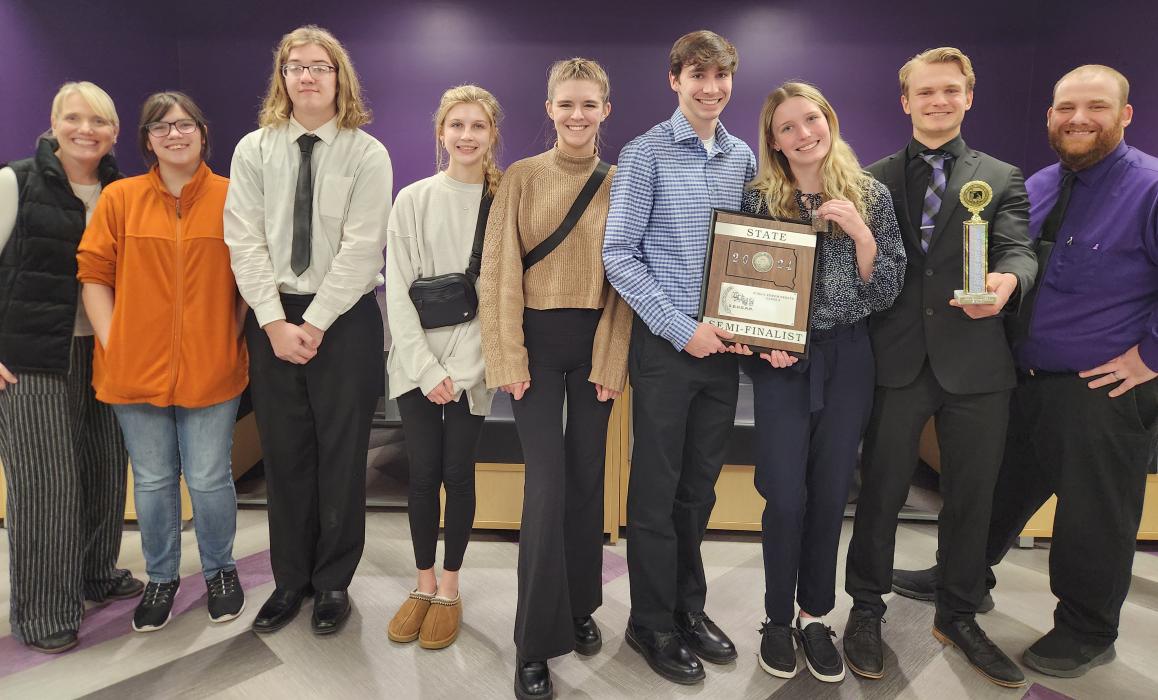 Panthers who attended the State Debate tournament were, from left, Rebekah Bryan (Assistant Coach), Alexandria Murray, Hunter Wood, Abigail Wagner Austyn Koedam, Brayden Karkalik, Rachel Bryan, Michael Daniels and Andrew Stewart (Coach). Submitted photo
