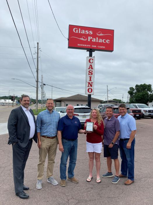 June Business of the Month is The Glass Palace. From left; Greg Hoffman – NSCEDC Director, Andrew Nilges – NSCEDC Executive Director, Mike Huber – NSCEDC Board President, Deanna Scott – Owner/Operator, Jamie Wankum – NSCEDC Director, and Kevin Heiss – NSCEDC Director. Submitted photo